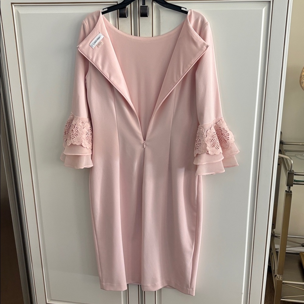 Calvin Klein Blush Pink Lace-Sleeve Midi Dress - Picture 4 of 5